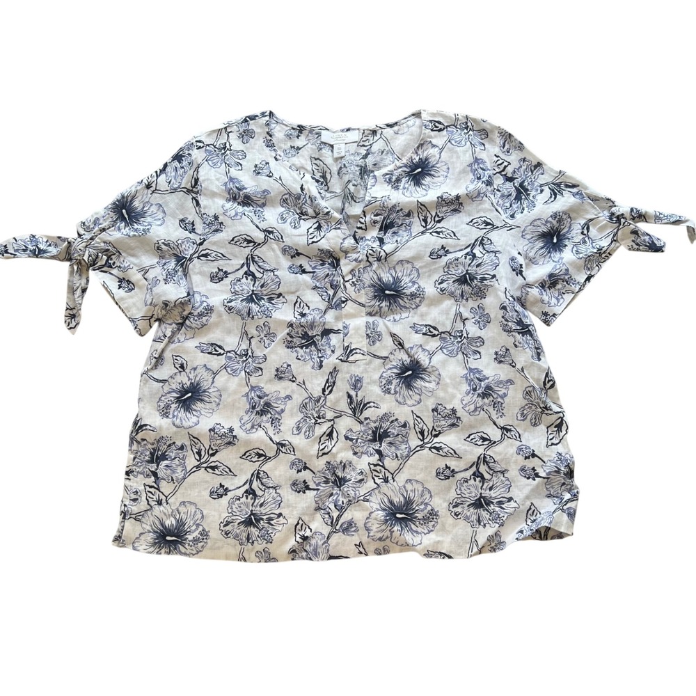 Charter Club Luxury 100% Linen Floral Blouse Top Tie Sleeve Summer Women's Large